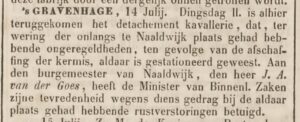 Krantenartikel roemt burgemeester vd Goes (1854)