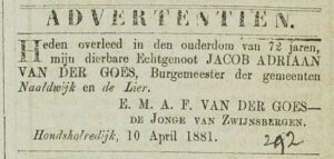 weduwe vd Goes meldt het overlijden van haar echtgenoot in de krant
